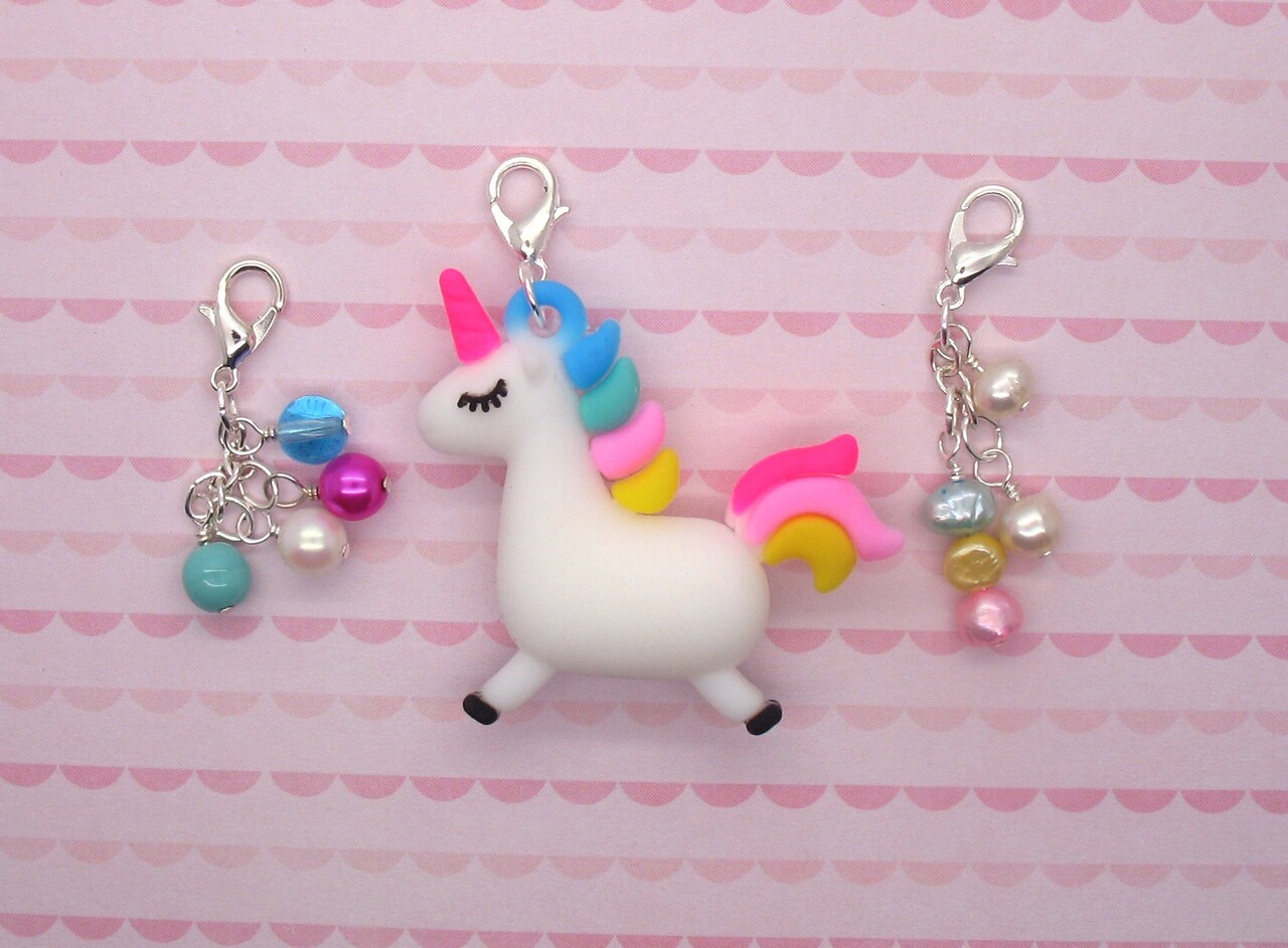 Unicorn Clip-On Charm Set, Kawaii Lobster Clasp Charms for Planners, Set of  3, Adorabilities
